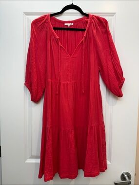 Sundry Red Peasant Midi Dress with Tie Neck